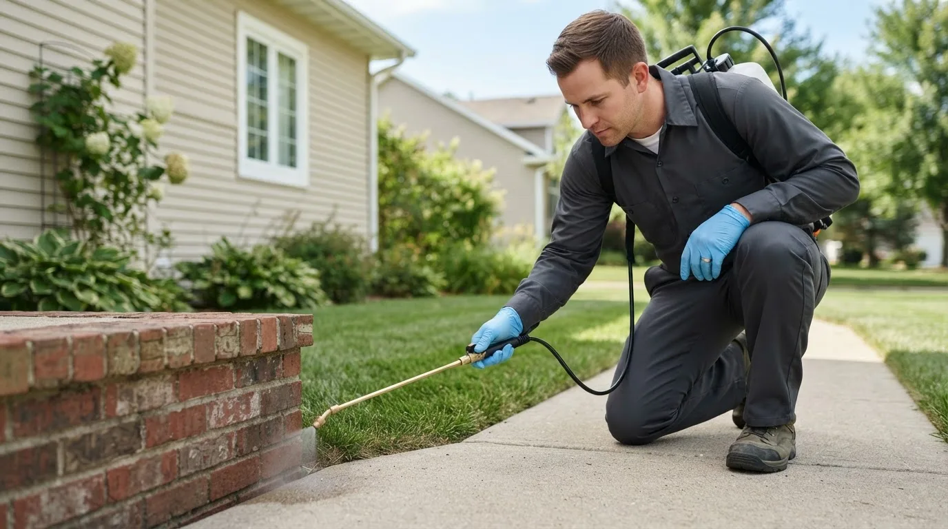 Pest control technician treating a home near Odessa, NE