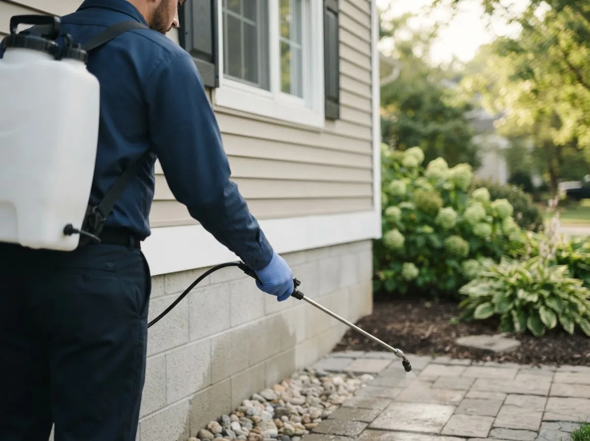 Pest control technician inspecting a home in Odessa, NE